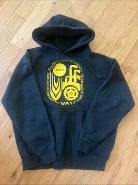 RVCA Grey Pullover Hoodie with Yellow Graphic Emblem